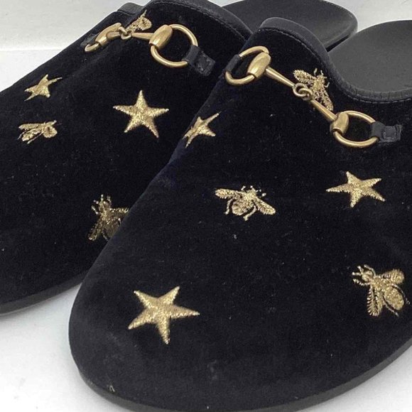 GUCCI - Black Velvet Gold Bee Embroidered Mule Slide - Size 10 - Picture 3 of 4